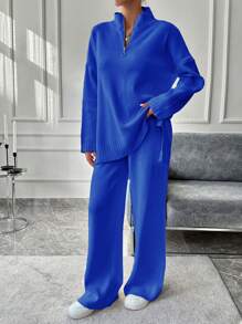 EURMUSE 2pcs Women Set: Casual Plain Loose Drop Shoulder Half Zip Sweater & Loose Wide Leg Sweater Pants - Royal Blue - View 3
