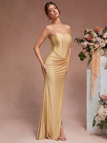 SHEIN Unity Robe de maxi élégante pour fête de Noël avec corset, plissé sur le côté et fente, couleur champagne - Champagne - Voir 5