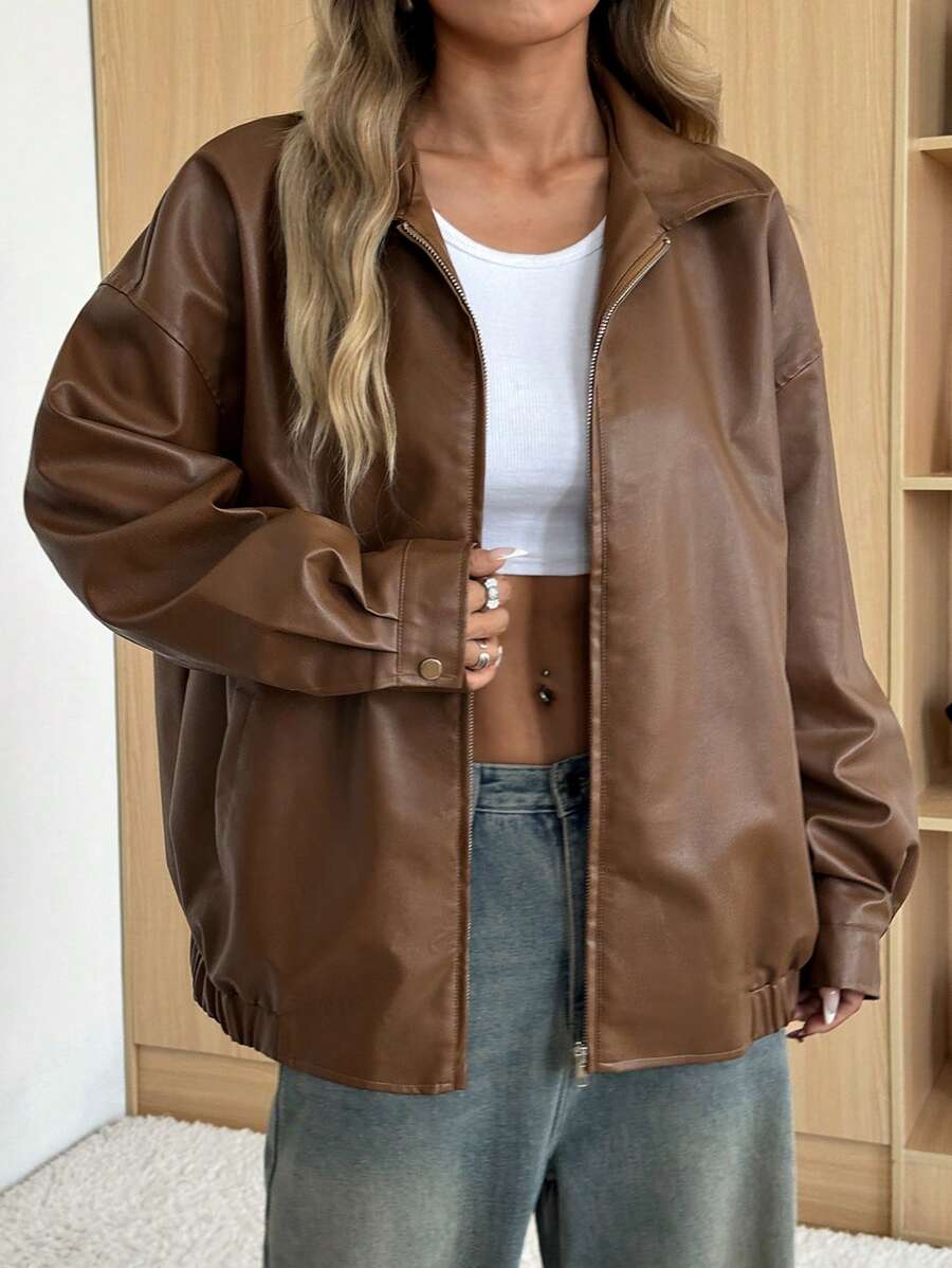 SHEIN EZwear 大码纯色前拉链长袖休闲夹克，适合冬季 - 棕色 - 查看 1