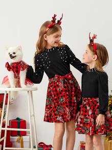 SHEIN 2pcs/Set Tween Girls Stand Collar Beaded Tight-Fitting T-Shirt And Plaid Bow-Tie Mini Skirt, Christmas - Red - View 3