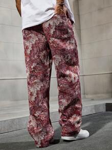 Manfinity Homme Men's Hawaiian Floral Pattern Loose Casual Pants, Fall - Rose Red - View 4