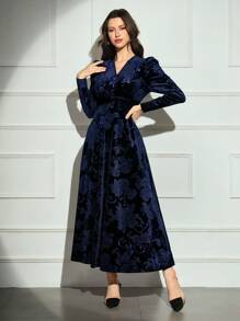 Modelyn Women V-Neck Crossed Wrap Elegant Long Sleeve Arabian Modest Dress Long Evening Dresses - Blue - View 2