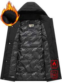 Manfinity Homme 1 件男士纯色连帽拉链长袖加厚外套，冬季外出黑色外套，适合朋友、丈夫、男朋友的礼物 - 黑色 - 查看 2