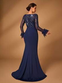 Serin Elegante y lujoso vestido de noche azul marino con mangas largas transparentes, bordado de encaje, lentejuelas, parches y tejido de punto con cola de pez, adecuado para bodas, fiestas, banquetes, vestido de madre de la novia (puños de plumas), vestido de noche, vestido de madre de la novia, para el Día de San Valentín - Azul Marino - Ver 4