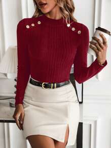 SHEIN LUNE Women Solid Color Stand Collar Long Sleeve Button Decor Slim Fit Ribbed Knit Top, Autumn