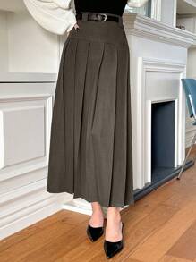 Dazy Star Chân váy dài xếp ly màu trơn thanh lịch dành cho nữ - màu nâu - Xem 6