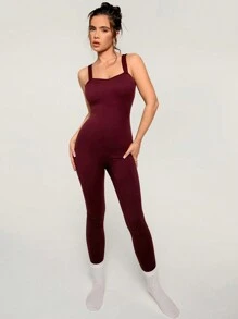 Athîral Minimalist Solid Color Open Back Camisole Jumpsuit, Slim Fit Sports Romper