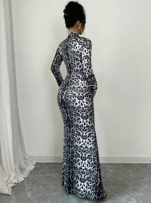 Rafferiza 2024 Autumn/Winter New Arrival Elegant Stand Collar Tied Leopard Print Mermaid Dress Maxi Women Outfit