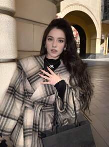 Seusyu 女士翻领长袖前系带格子夹克，日常休闲穿着 - 淺灰色 - 查看 2