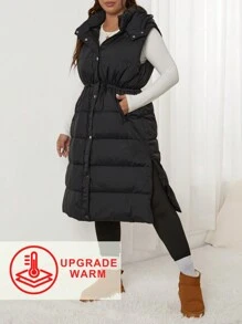 SHEIN EZwear Plus Size Solid Color Drawstring Hooded Long  Padded Vest, Women Winter Clothes Fall Autumn - Black - View 1
