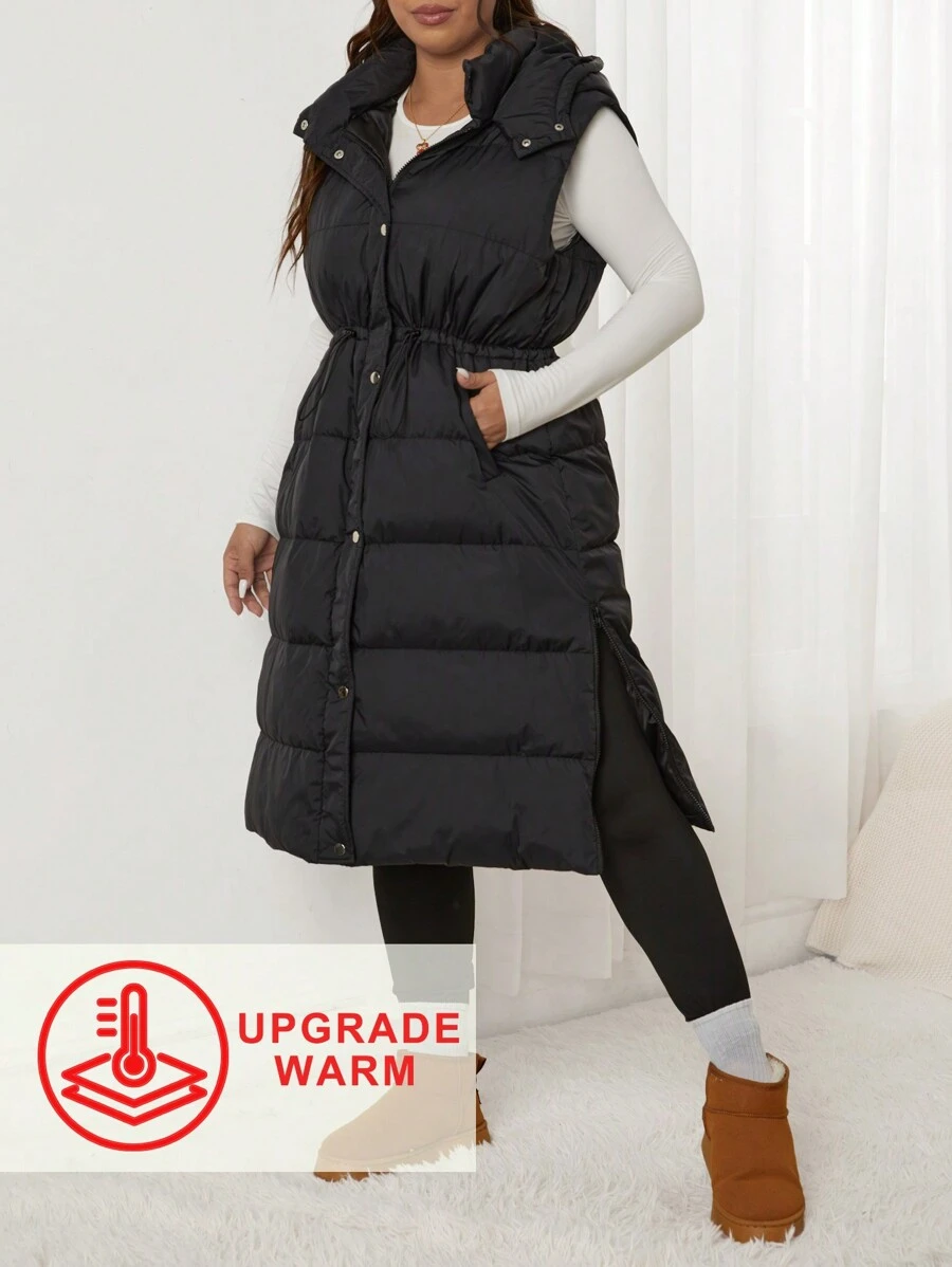 SHEIN EZwear Plus Size Solid Color Drawstring Hooded Long  Padded Vest, Women Winter Clothes Fall Autumn - Black - View 1