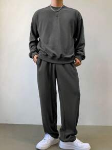 DAZY 2pcs Men Solid Color Crew Neck Long Sleeve Sweatshirt And Pocket Decorated Long Pants Set, Autumn, Cozy Outfits