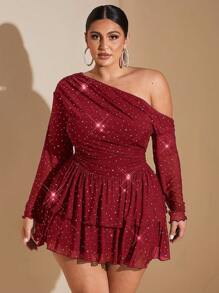 SHEIN BAE Plus Size Fall Elegant Sweet Sexy Woman Shiny Sequin Mesh Asymmetrical Oblique Shoulder Long Sleeves Cascading Ruffle Hem Mini Dress Fairy Core Dress
