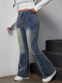 SHEIN ICON Plus Size Front Button Pocket Frayed Hem Casual Denim Jeans - Blue - View 4