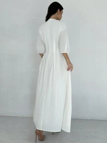 Firerie 优雅白色收腰 V 领灯笼袖褶皱 A 字中长连衣裙，适合工作、办公室、度假和浪漫，秋季 - 白色 - 查看 7