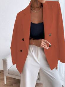 Chiquease Áo khoác blazer cổ ve màu trơn tối giản giản dị dành cho nữ có nút trang trí - trái cam - Xem 7