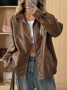SHEIN EZwear 大码纯色前拉链长袖休闲夹克，适合冬季 - 棕色 - 查看 4