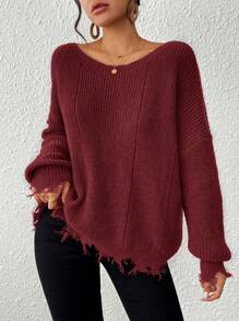 SHEIN VCAY Solid Color Asymmetrical Hem Casual Long Sleeve Pullover In Fall/Winter - Burgundy - View 6