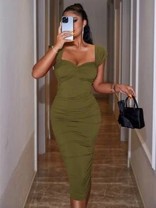 RueChic Women'S Solid Color Sweetheart Neck Bodycon Dress - Olive Green - View 3
