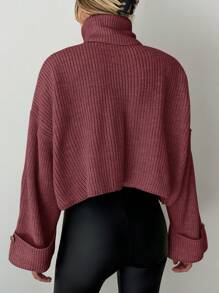 EURMUSE 女士休闲纯色高领短款毛衣，秋冬 - 紫紅色 - 查看 2