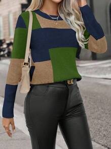 女士休闲日常撞色圆领宽松长袖毛衣，秋冬 - 彩色 - 查看 4