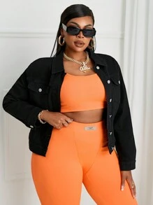 Áo khoác denim dáng rộng, màu trơn, thường ngày, dáng rộng, có túi lật, vai trễ, cỡ lớn - màu đen - Xem 4