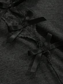 DAZY Bộ đồ ngủ ren chắp vá trang trí nơ cổ áo ôm vừa vặn - màu đen - Xem 7