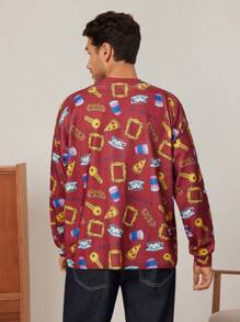 FRIENDS X SHEIN 男士休闲宽松针织披萨和咖啡图案前扣开衫，红色，圣诞节 - 酒紅色 - 查看 2