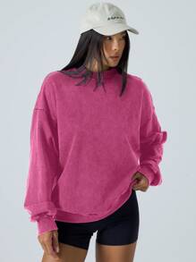 LYSMO Women's Casual Round Neck Long Sleeve Minimalist Pullover Sweatshirt For Everyday Wear,Long Sleeve Tops - Hot Pink - View 5