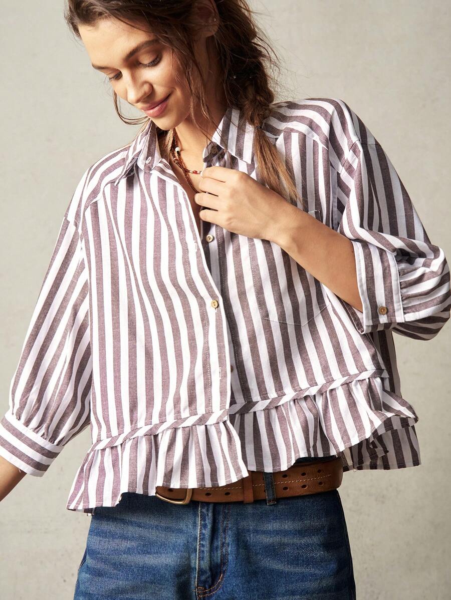 Bohemela Vacation Woven Striped Shirt For Women With Collar, 3/4 Ruffle Sleeve And Loose Fit - Brown - View 1