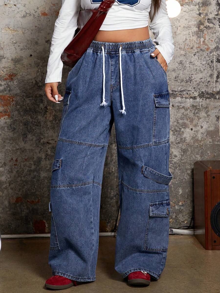 SHEIN ICON Quần Jeans Cargo Cạp Rút Cỡ Lớn Thường Ngày Giặt Sạch - Màu xanh lam - Xem 1