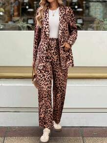 SHEIN Unity Women's Leopard Print Lapel Long Sleeve Blazer And Pants Fashion Suit Set - Khaki - View 6