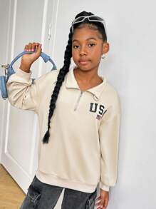 SHEIN Tween Girl 宽松休闲立领字母印花简约舒适长袖运动衫 - 杏色 - 查看 4