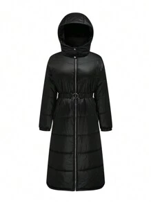 Flirla Cappotto imbottito con colletto alto, cappuccio, maniche lunghe, con cintura, tasche con zip, colore nero, abbigliamento invernale casual