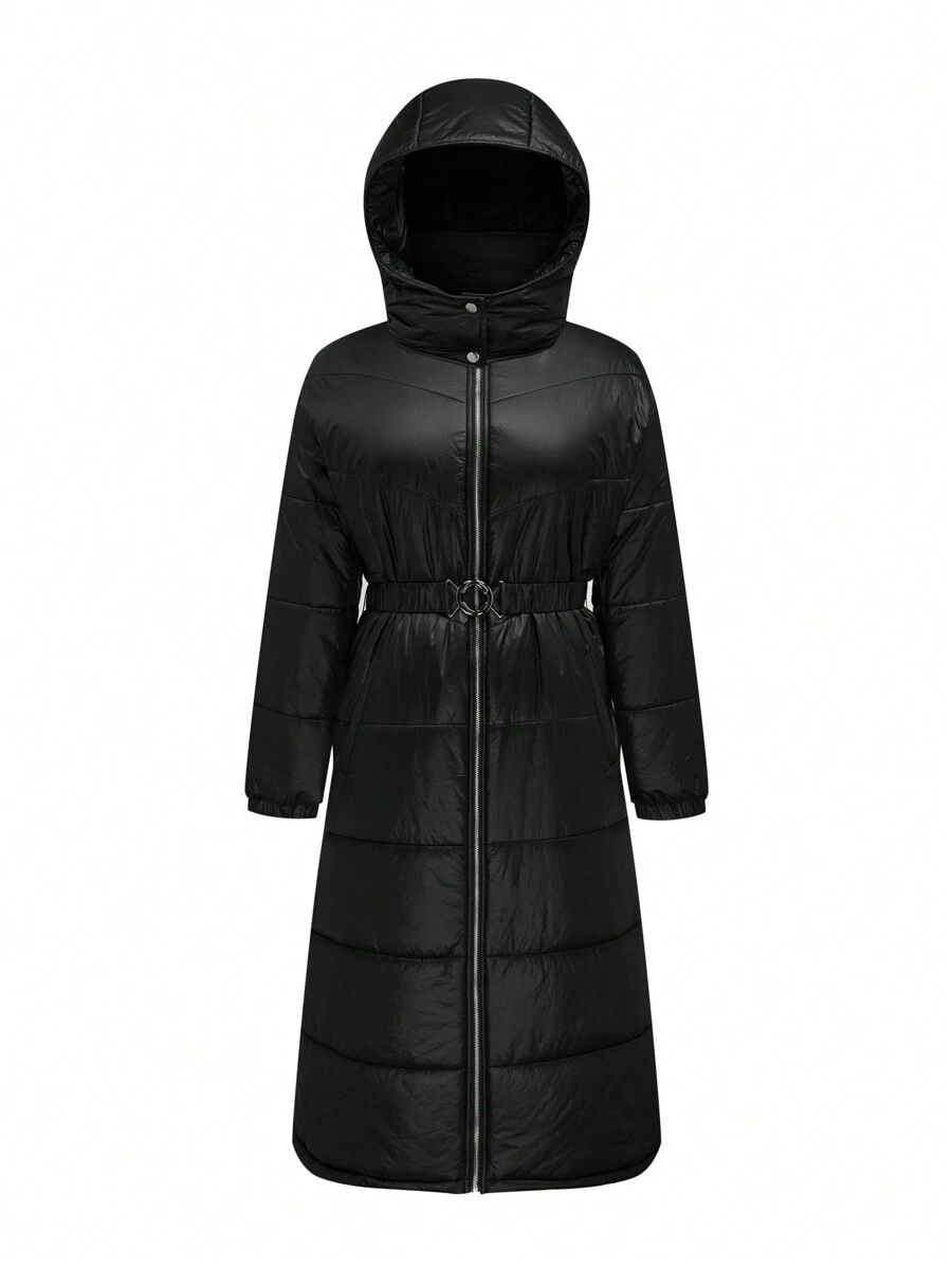 Flirla Cappotto imbottito con colletto alto, cappuccio, maniche lunghe, con cintura, tasche con zip, colore nero, abbigliamento invernale casual