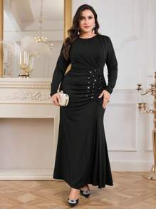 Modelyn Plus Size Solid Color Round Neck Long Sleeve Pleated Simple Short Casual Dress Long Evening Dresses
