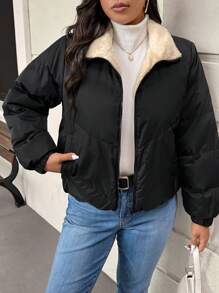 SHEIN Frenchy 大码女式冬季长袖拉链休闲羊毛夹棉大衣 - 黑色 - 查看 7