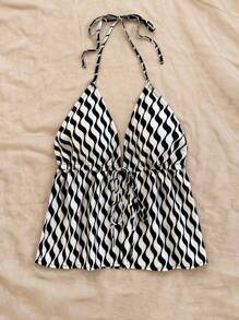 Soleia 1 chiếc áo ba lỗ hở vai cổ chữ V in họa tiết gợn sóng dệt kiểu resort dành cho nữ, trang phục xếp lớp thời trang cho mùa thu/đông - Đen và trắng - Xem 3