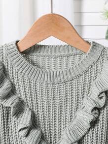 SHEIN Đầm len polyester dày dặn cho bé gái, cổ tròn, có bèo nhún, thời trang và dễ thương, thích hợp cho tiệc tùng và đi chơi, mùa thu/đông. - Xám - Xem 6