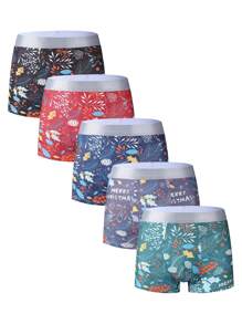 5pcs/Pack Men's Plant & Letter Print Boxer Briefs, For Christmas - Multicolor - View 1