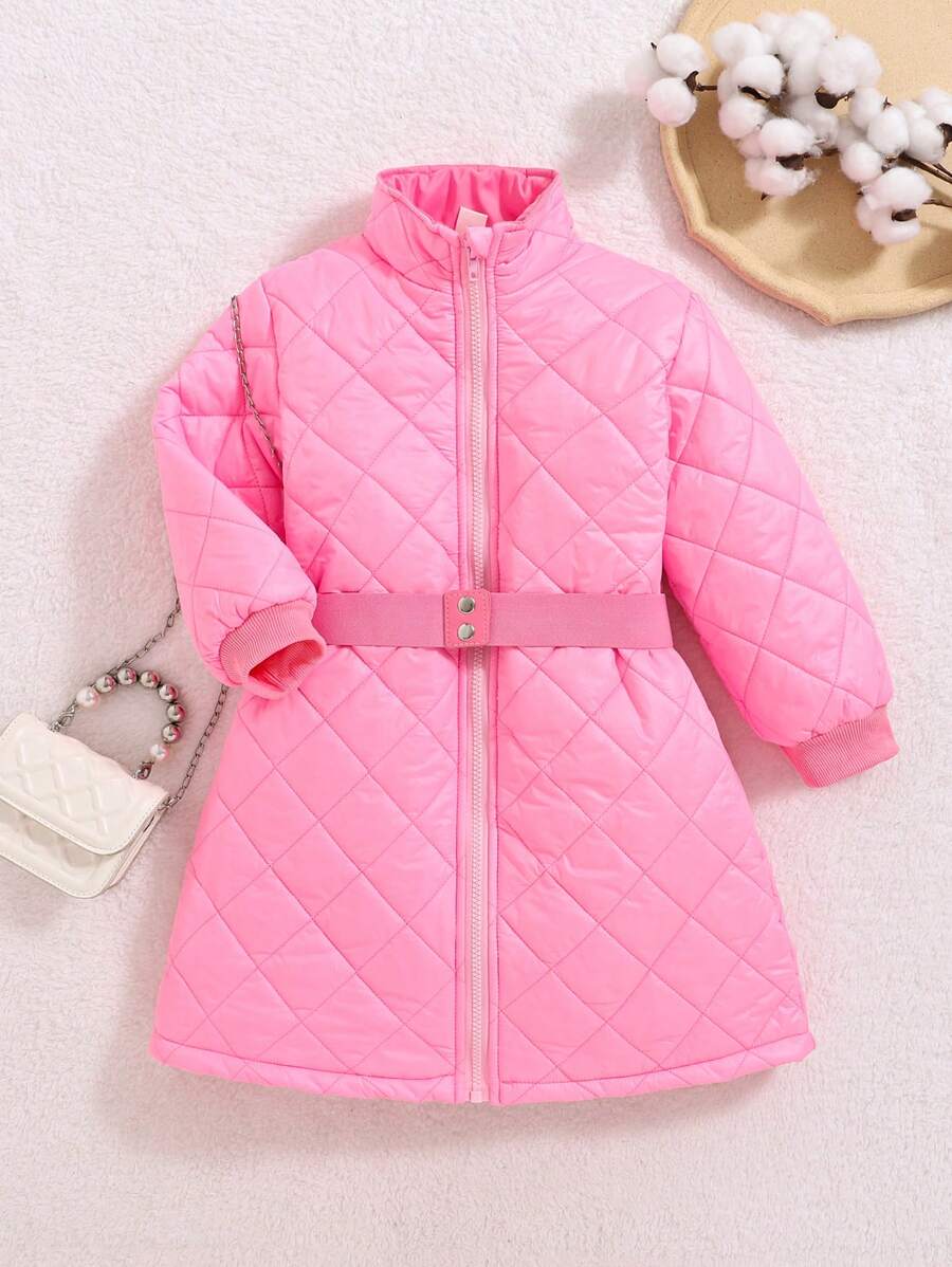 SHEIN Young Girls Diamond Pattern Padded Stand Collar Mid-Length Black Padded Coat, Warm And Comfortable, Autumn/Winter - Pink - View 1