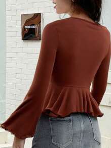 SHEIN Elegant Flare Sleeve Gathered Hem Asymmetric Dark Brown T-Shirt For Teen Girls, Autumn/Winter - Mocha Brown - View 2