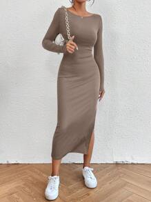 SHEIN Essnce Women's Solid Color Round Neck Long Sleeve Side Slit Hem Long Casual Dress, Autumn