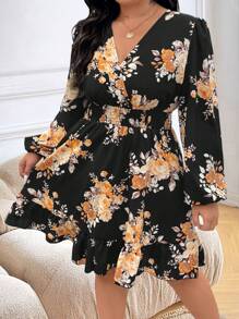 SHEIN LUNE Plus Size Floral Print Lantern Sleeve Dress, Elegant For Autumn Fall Cloth For Women