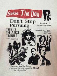 Muchica 复古肖像黑白图案街头时尚圆领短款紧身 T 恤女款，春秋季 - 白色 - 查看 4