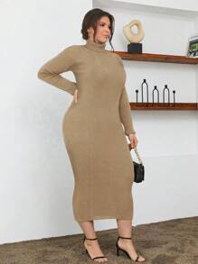 SHEIN Cottnline Plus Size Turtleneck Ribbed Knit Sweater Dress, For Winter - Beige - View 3
