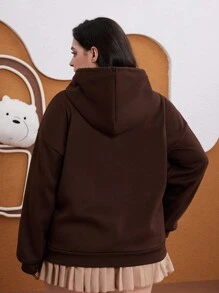 We Bare Bears X SHEIN Plus Size Casual Cute Funny Brown Graffiti Bear & Tropical Flower Print Thermal Lined Sweatshirt, Autumn/Winter - Brown - View 2