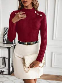 SHEIN LUNE Women Solid Color Stand Collar Long Sleeve Button Decor Slim Fit Ribbed Knit Top, Autumn