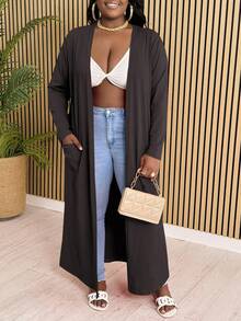 Slaydiva 女士大码优雅休闲日常纯橙色宽松长款开衫，带口袋，春/秋 - 棕色 - 查看 3