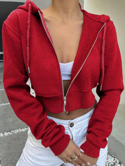 INAWLY Women's Casual Solid Color Drawstring Hooded Cropped Sweatshirt, Autumn/Winter,Graduation,Teacher,Back To School Pullover Fall